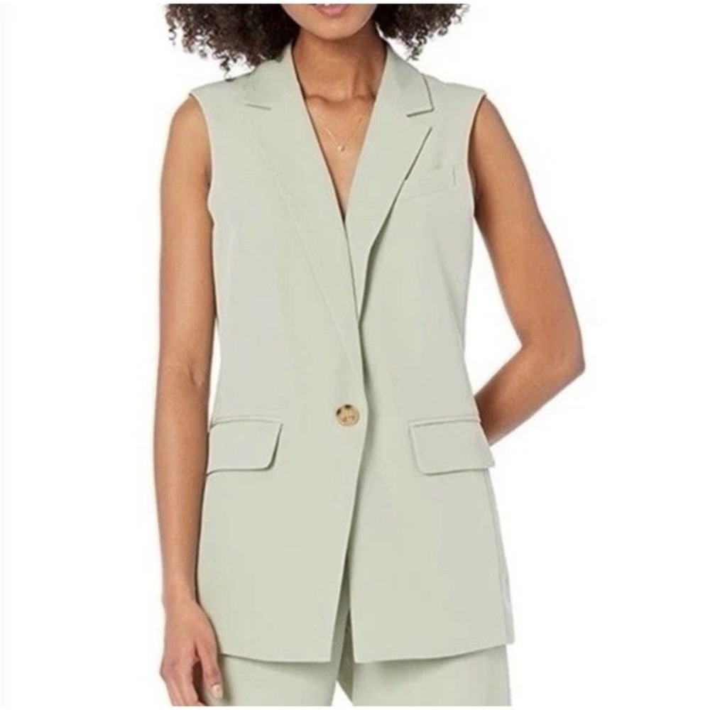 Avec Les Filles Vest Jacket Womens L Sage Green Polyester One Button Sleeveless